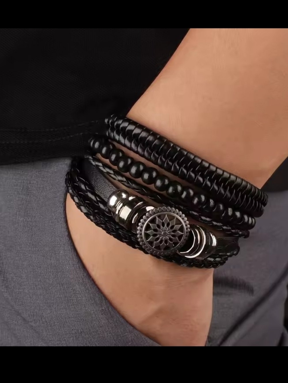 Men's Bracelets Leather 4pc Vintage Braided Layered Black New G1